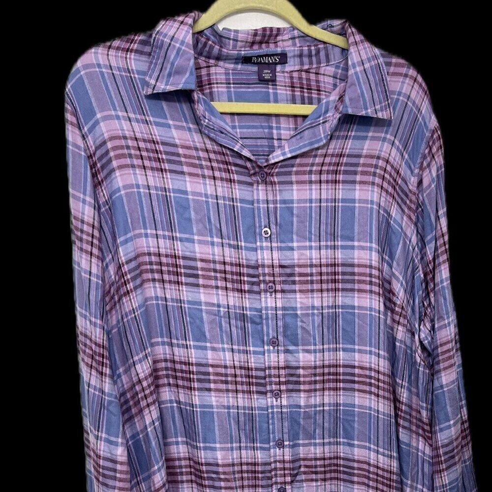 Roaman’s Plaid Shirt Dress 20W Purple Rayon Western Plus Size
